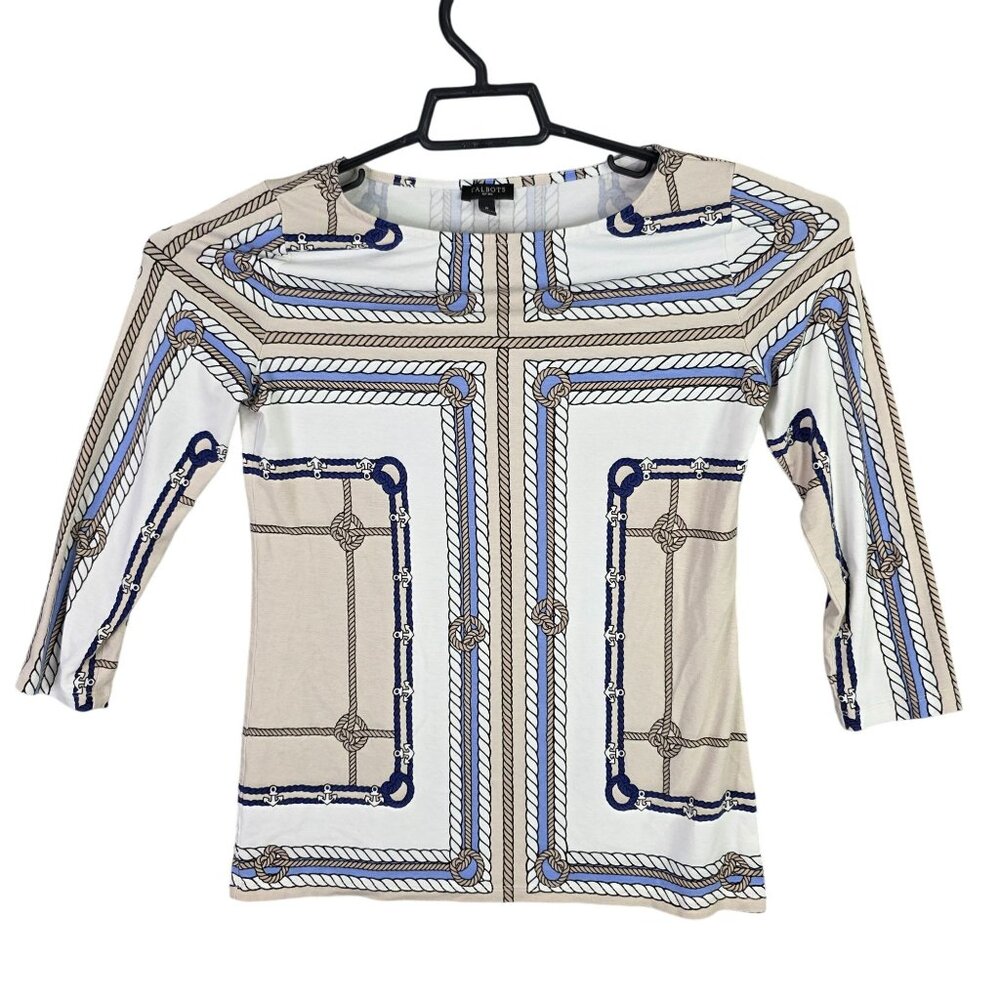 Womens Talbots Petites Nautical Rope Print Top 3/4 Sleeve Rayon Spandex Blend S